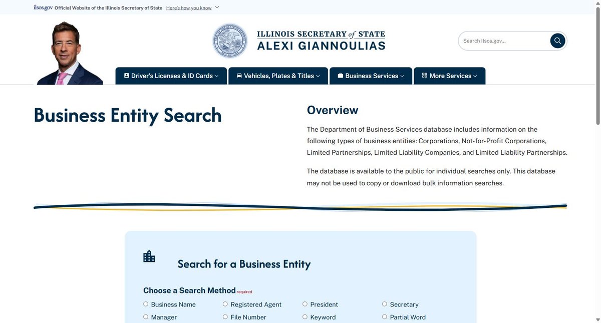 The overview on Illinois's business entity search, stating that the database is available for individual searches only and may not be used to copy or download bulk information, above the search-method options.