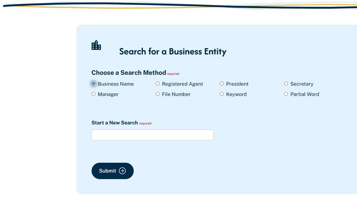 Illinois's eight search methods as radio buttons: business name, registered agent, president, secretary, manager, file number, keyword and partial word. Four of the eight search for a person rather than a company.