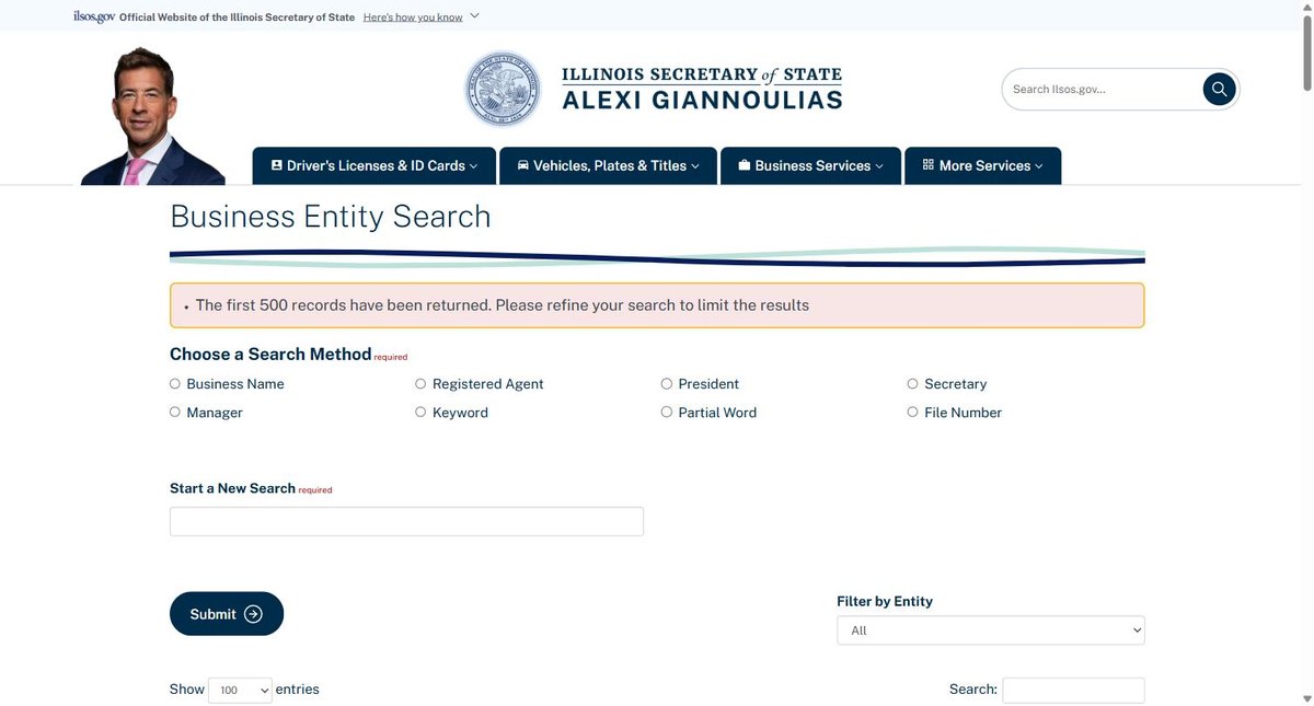 Illinois business entity search results on apps.ilsos.gov, listing file number, entity type, entity name, entity status, registered effective date and registered agent for each entity.
