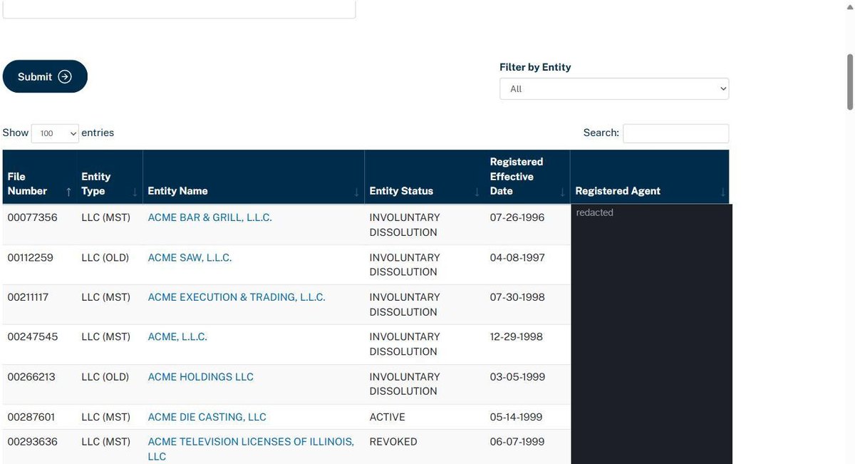 Illinois business entity search results on apps.ilsos.gov, listing file number, entity type, entity name, entity status, registered effective date and registered agent for each entity. Personal names in this image are redacted.
