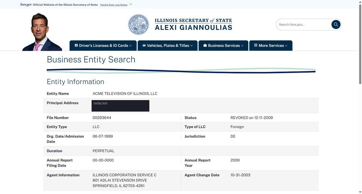 A single business entity record on the Illinois register at apps.ilsos.gov, showing entity name, principal address, file number, status with the date it took effect rather than a bare status word, entity type, and type of LLC as domestic or foreign. Personal names and addresses in this image are redacted.