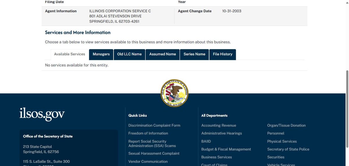 A single business entity record on the Illinois register at apps.ilsos.gov, with its tabs for managers and series, showing entity name, principal address, file number and status with the date it took effect. Personal names and addresses in this image are redacted.