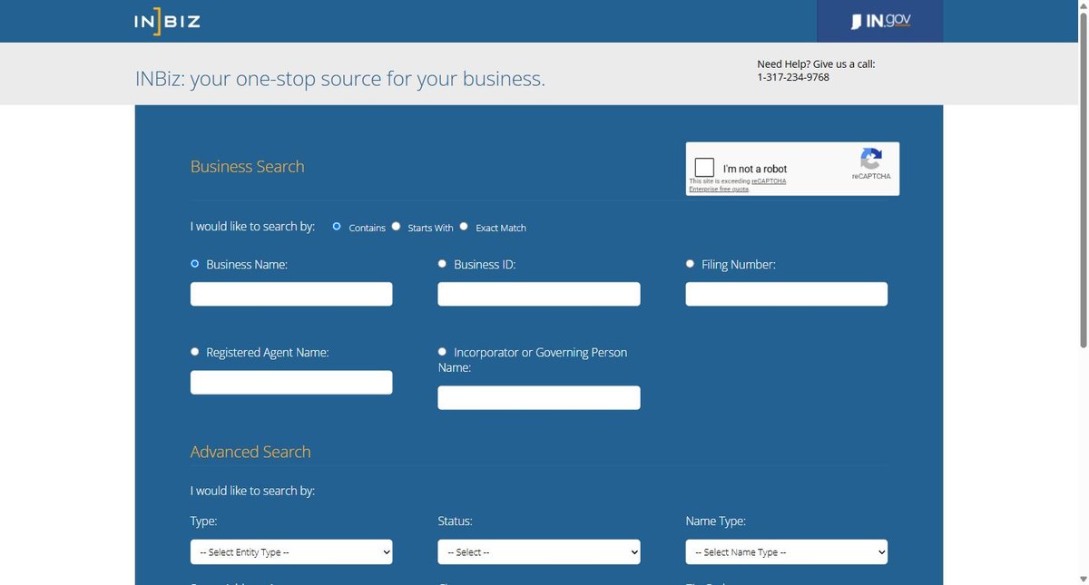 The Indiana business entity search on bsd.sos.in.gov, run by the Indiana Secretary of State, offering business name, business ID, filing number and registered agent name.