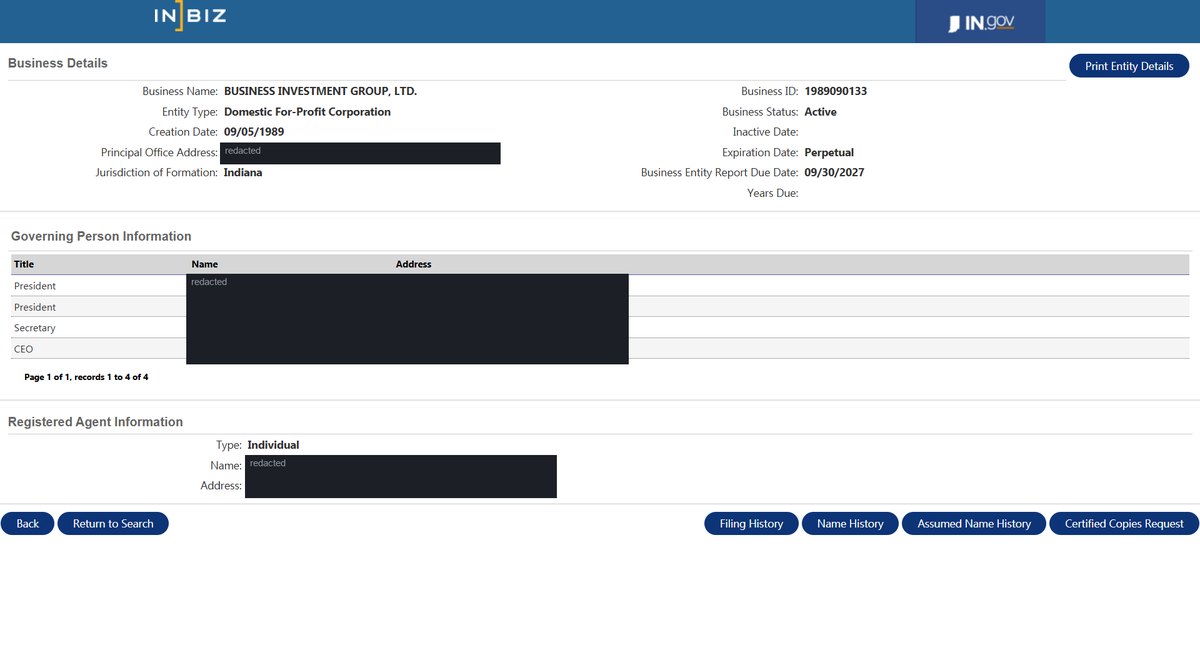 A single business entity record on the Indiana register at bsd.sos.in.gov, showing Business Details: name, business ID, entity type, status, creation date, inactive date where one applies, principal office address, expiration date, jurisdiction of formation. Personal names and addresses in this image are redacted.