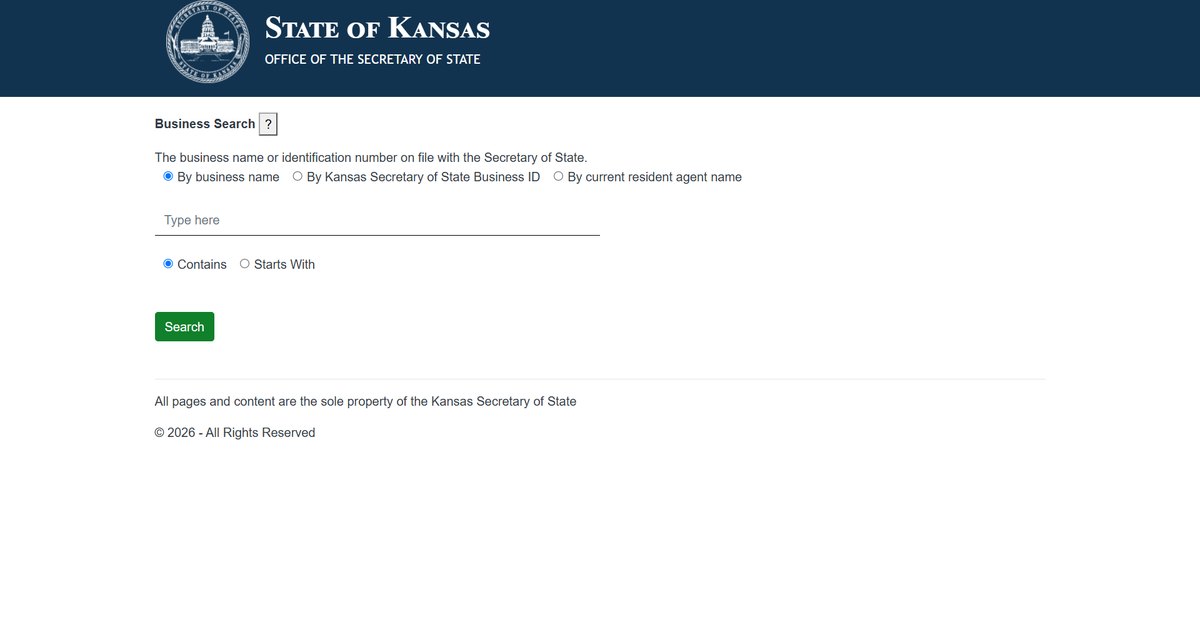 The Kansas business entity search on sos.ks.gov, run by the Kansas Secretary of State, offering business name, Kansas Secretary of State business ID and current resident agent name.