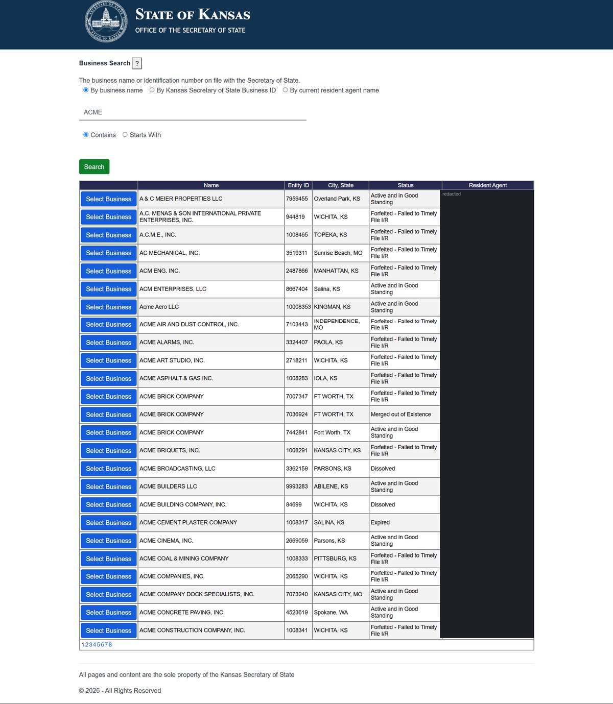 Kansas business entity search results on sos.ks.gov, listing a Select Business button, the name, the entity ID, the city and state, its status and the resident agent for each entity. Personal names in this image are redacted.