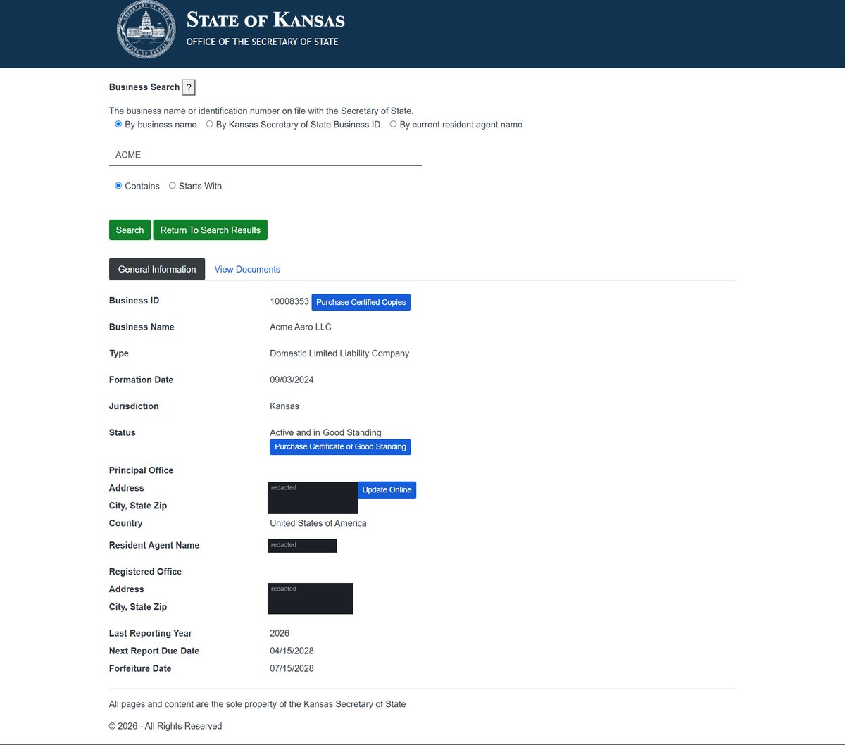 A single business entity record on the Kansas register at sos.ks.gov, showing the business ID, with a button to buy certified copies, business name, type and jurisdiction, formation date, status, with a button to buy a certificate of good standing, principal office address. Personal names and addresses in this image are redacted.