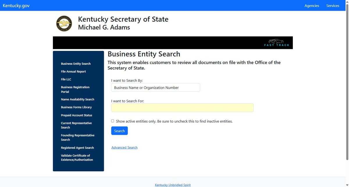 The Kentucky business entity search on sosbes.sos.ky.gov, run by the Kentucky Secretary of State, offering business name and organization number. There is no match-mode setting on this screen.