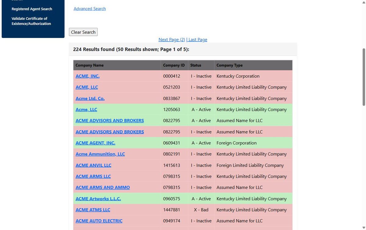 Kentucky business entity search results on sosbes.sos.ky.gov, listing the company name, the company ID, its status and the company type for each entity.