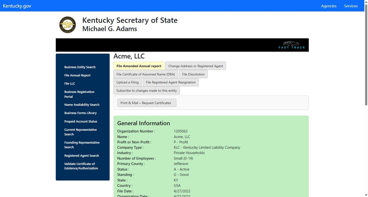 A single business entity record on the Kentucky register at sosbes.sos.ky.gov, showing organization number, whether it is profit or non-profit, company type, industry, number of employees as a band, primary county, status and standing.
