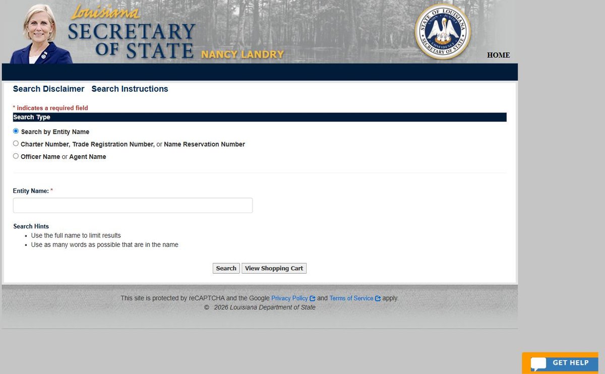 The Louisiana business entity search on coraweb.sos.la.gov, run by the Louisiana Secretary of State, offering entity name, charter number, trade registration number and name reservation number.