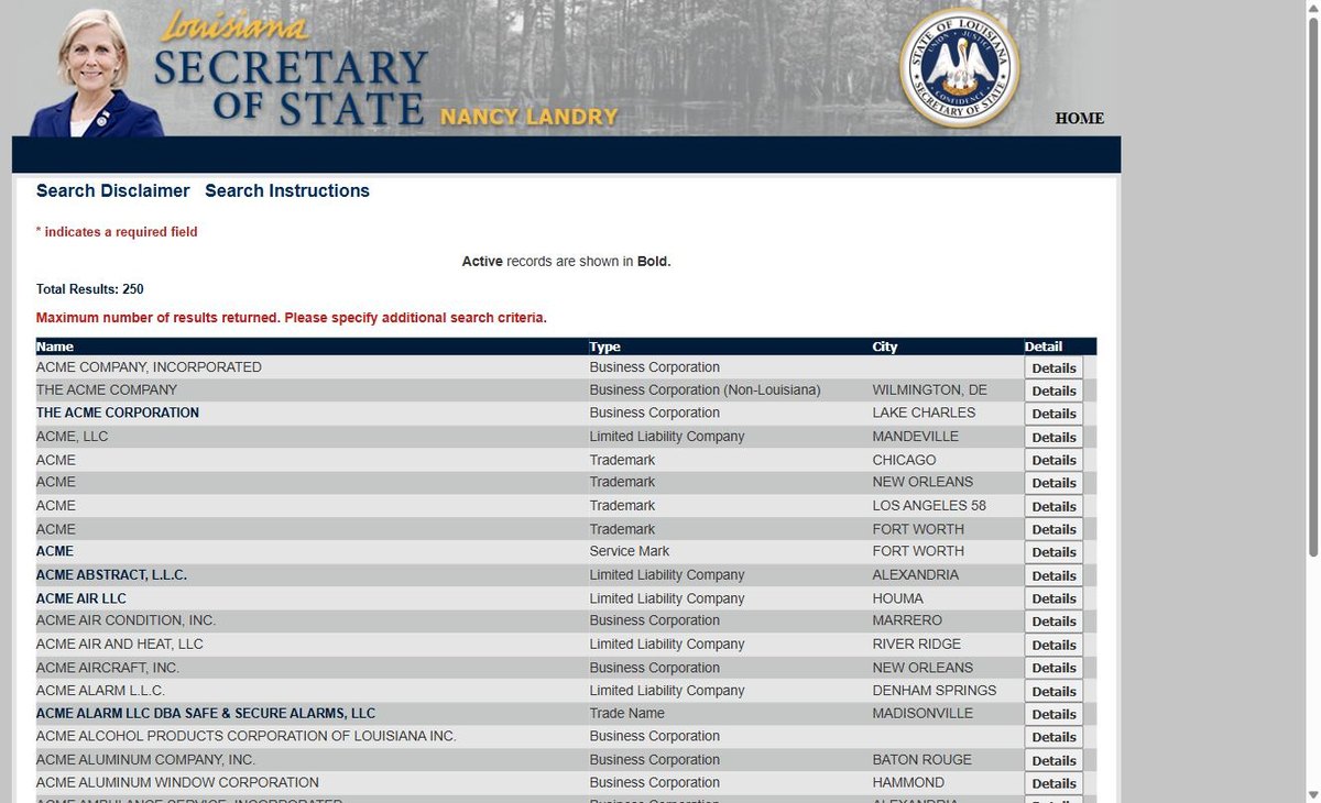Louisiana business entity search results on coraweb.sos.la.gov, listing the name, the type, the city and a Details button for each entity.