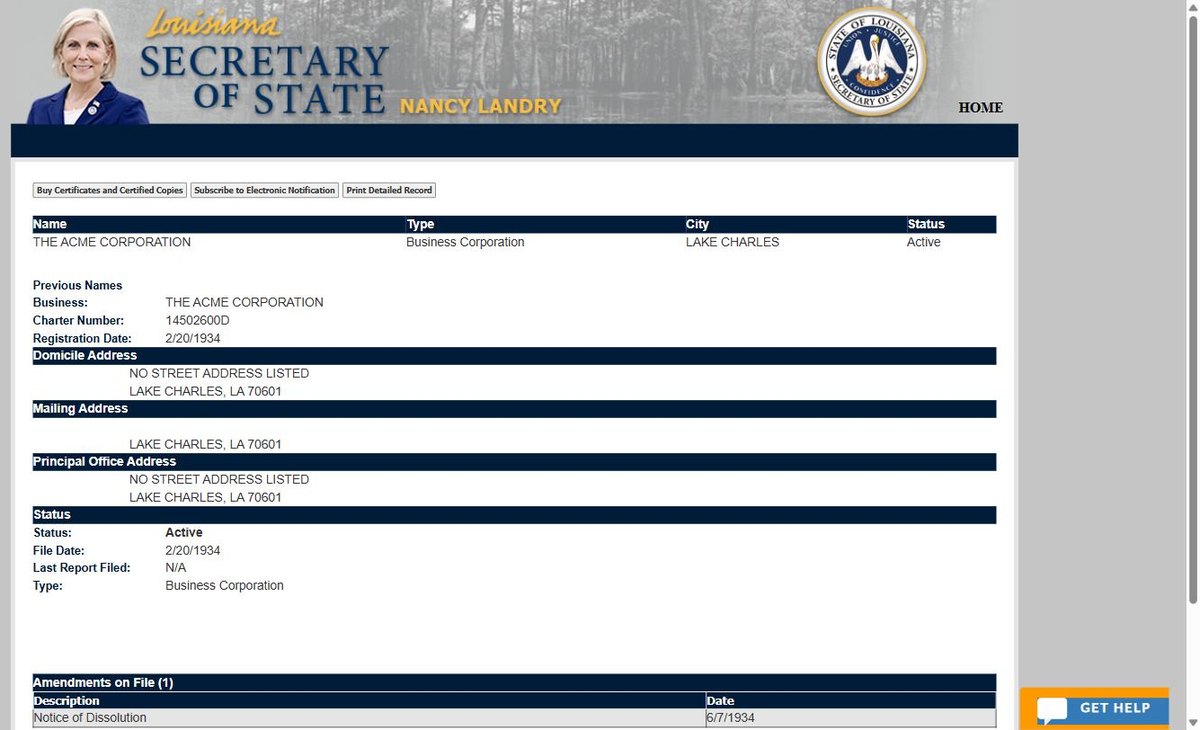 A single business entity record on the Louisiana register at coraweb.sos.la.gov, showing previous names, charter number, registration date, domicile, mailing and principal office addresses, status, file date and last report filed.