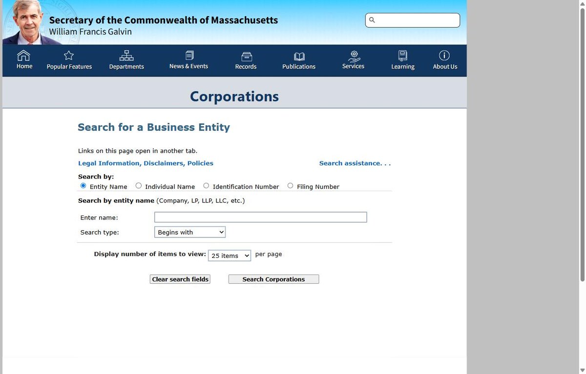 The Massachusetts business entity search on corp.sec.state.ma.us, run by the Massachusetts Secretary of the Commonwealth, offering entity name, individual name, identification number and filing number.