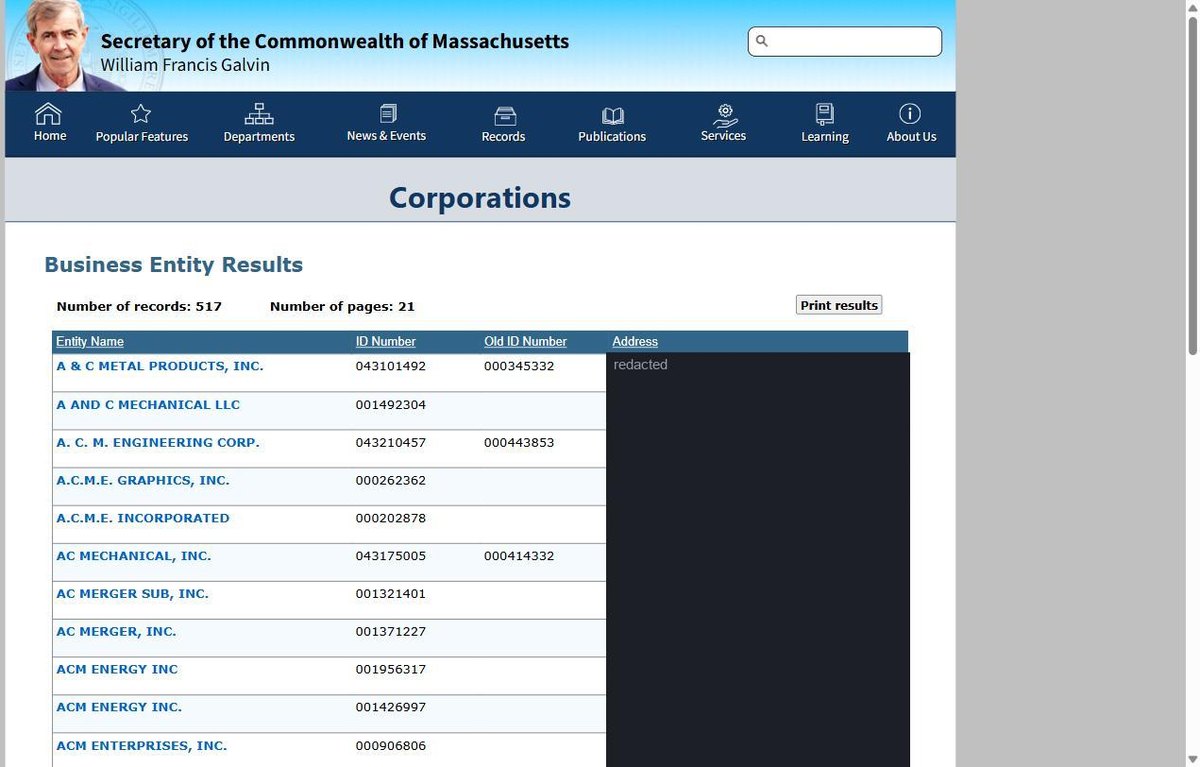 Massachusetts business entity search results on corp.sec.state.ma.us, listing the entity name, the ID number, an old ID number where one exists and the address for each entity. Street addresses in this image are redacted.