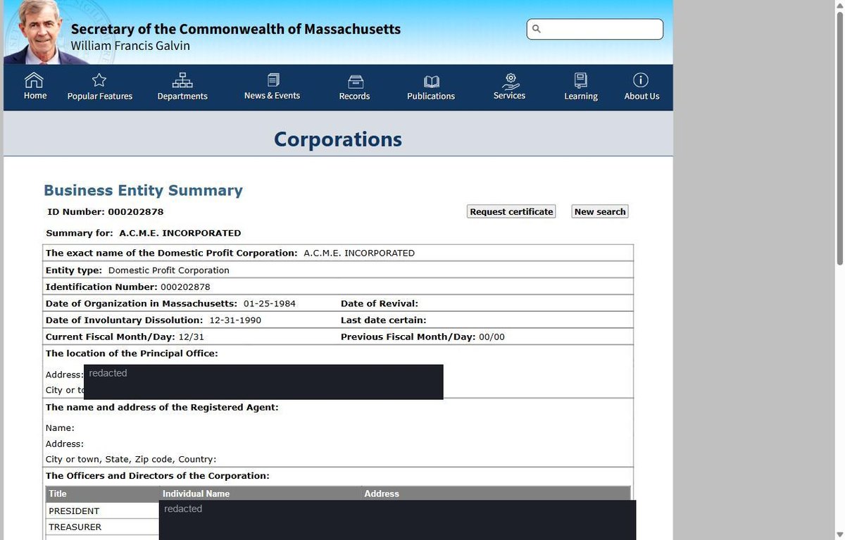 A single business entity record on the Massachusetts register at corp.sec.state.ma.us, showing the exact registered name, entity type, identification number, date of organisation in Massachusetts, date of revival if any, date of involuntary dissolution if any, fiscal month and day. Personal names and addresses in this image are redacted.