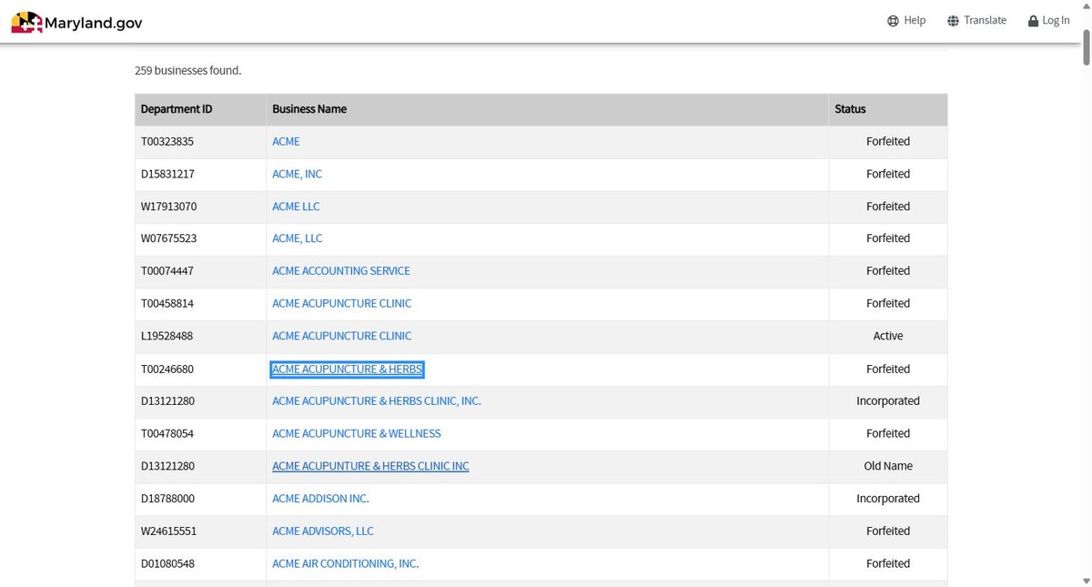 Maryland business entity search results on egov.maryland.gov, listing the department ID, the business name and its status for each entity.