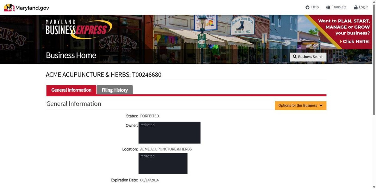 A single business entity record on the Maryland register at egov.maryland.gov, showing status, the owner's name and address, the trading location, an expiration date and a filing history tab. Personal names and addresses in this image are redacted.