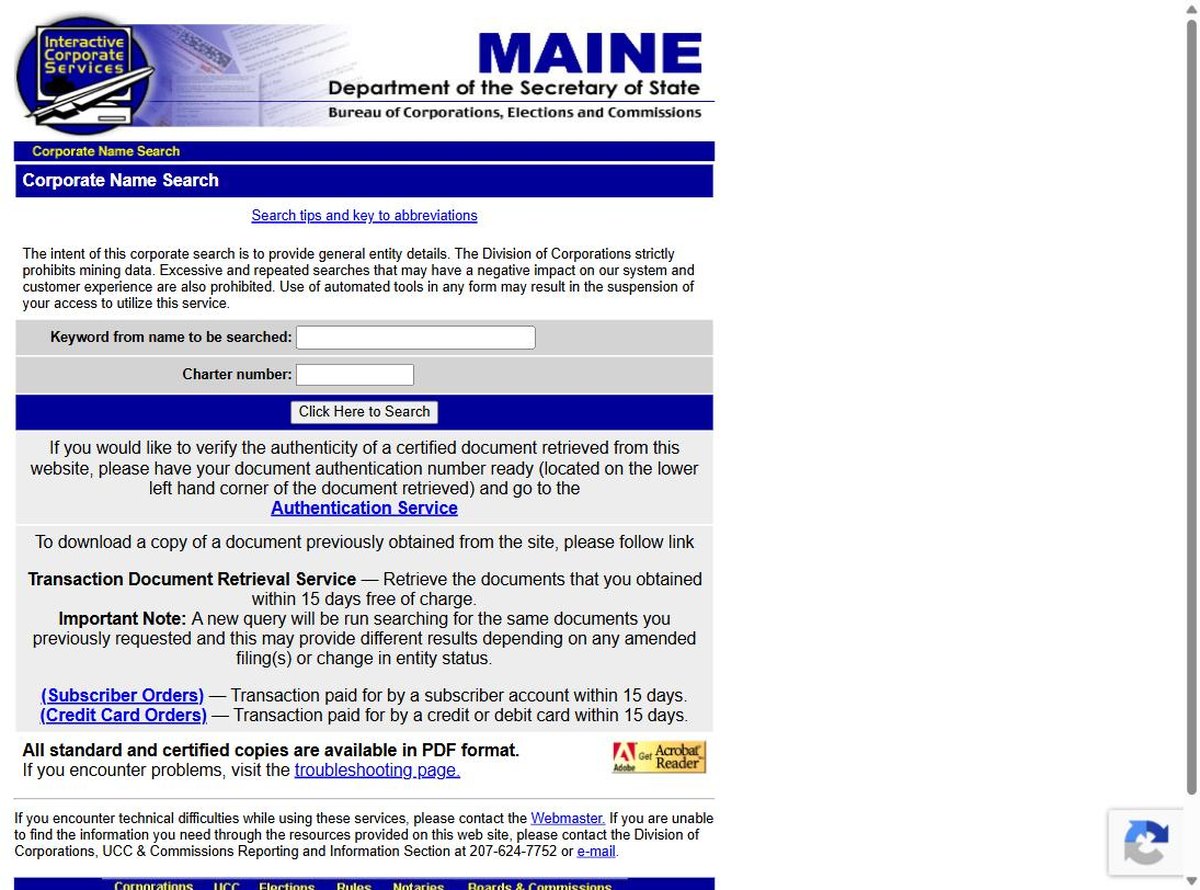 The Maine business entity search on apps3.web.maine.gov, run by the Maine Secretary of State, offering keyword from name to be searched and charter number.