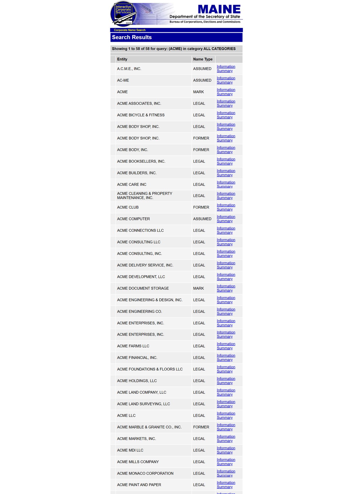 Maine business entity search results on apps3.web.maine.gov, listing entity, name type and information summary link for each entity.