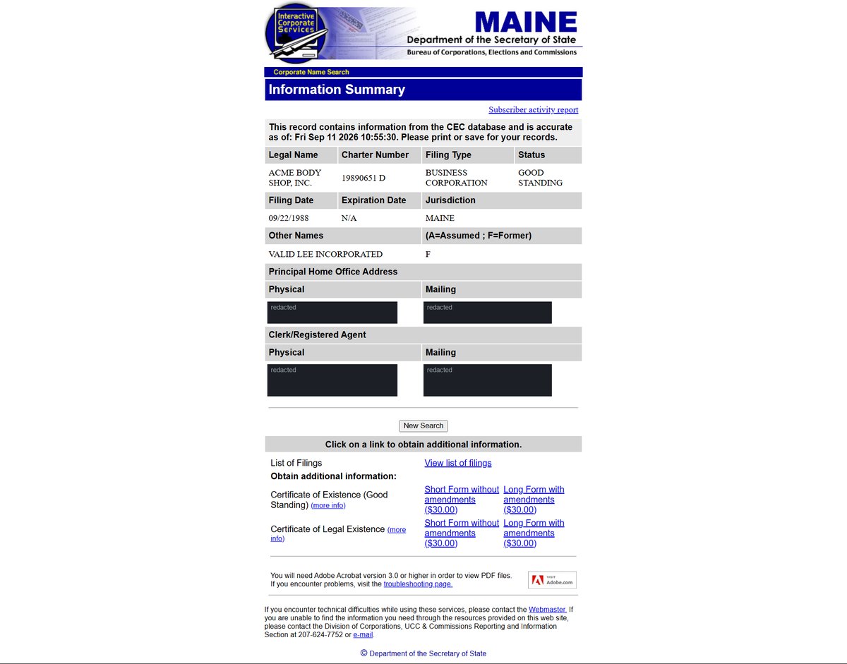 A single business entity record on the Maine register at apps3.web.maine.gov, showing An Information Summary: legal name, charter number, filing type and status on one row; filing date, expiration date and jurisdiction on the next. Personal names and addresses in this image are redacted.