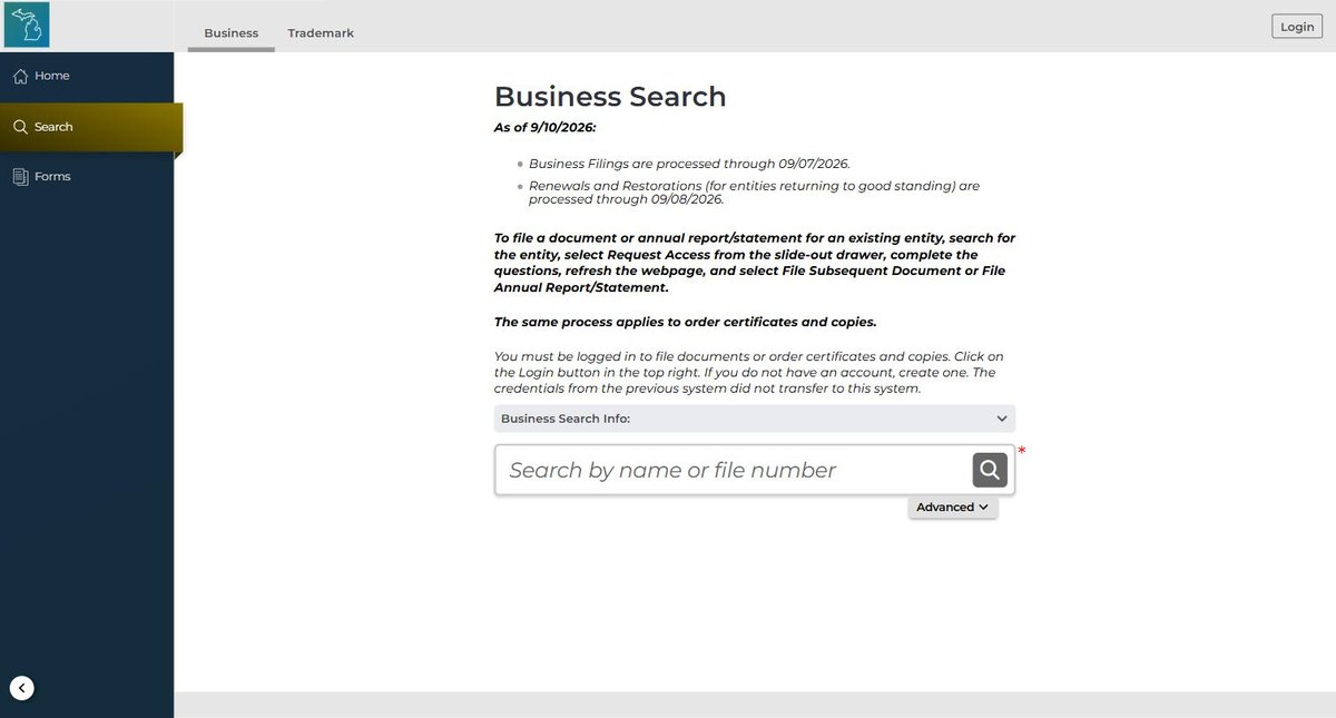 The Michigan business search home on cofs.lara.state.mi.us, a single search box above a note that filings are processed through a stated date.