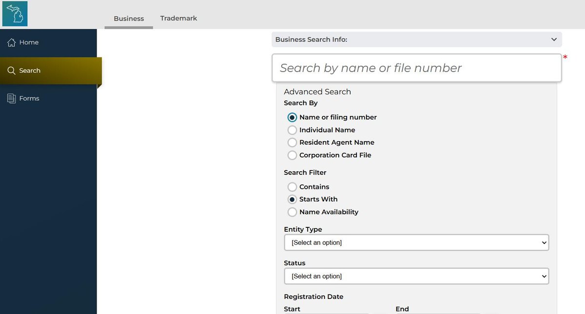 Michigan's advanced search panel expanded, offering entity type, status and identification number alongside the name field.