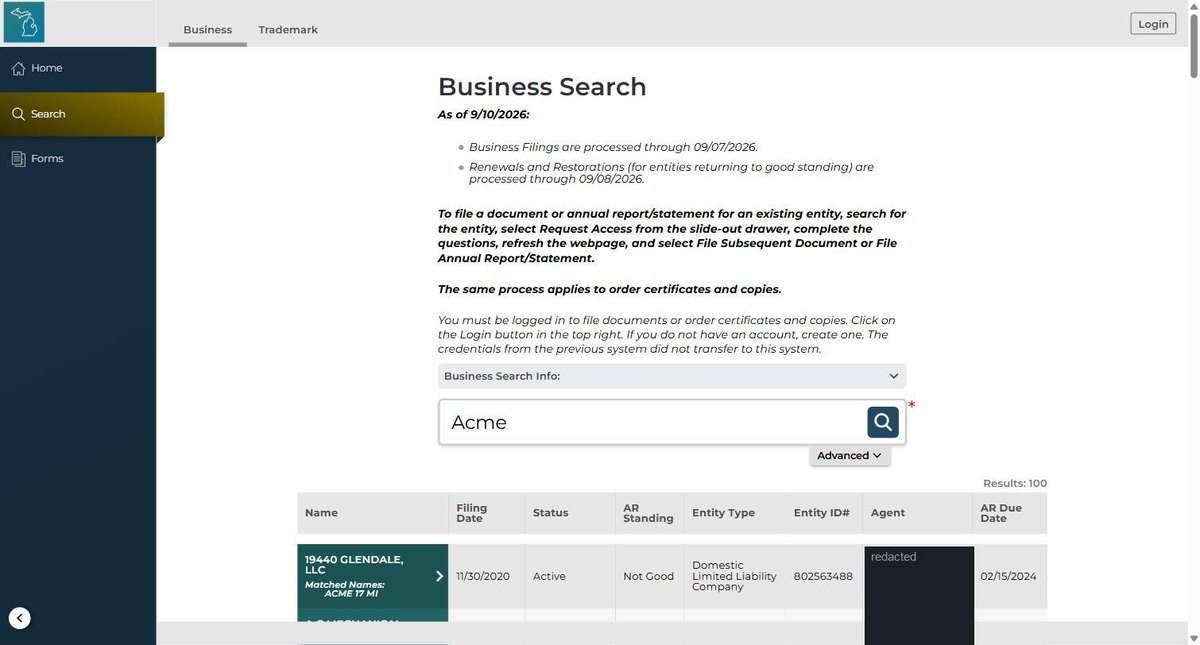 Michigan business entity search results on cofs.lara.state.mi.us, a grid of name, filing date, status, AR standing, entity type, entity ID, agent and annual report due date. Personal names in this image are redacted.