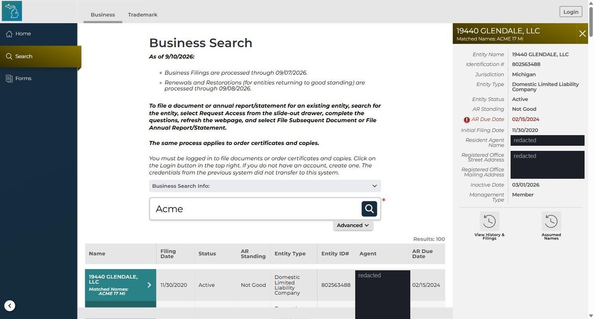A Michigan entity record open in the right-hand panel, listing entity name, identification number, status, annual report standing and due date, initial filing date and management type. The resident agent name and registered office address are redacted.