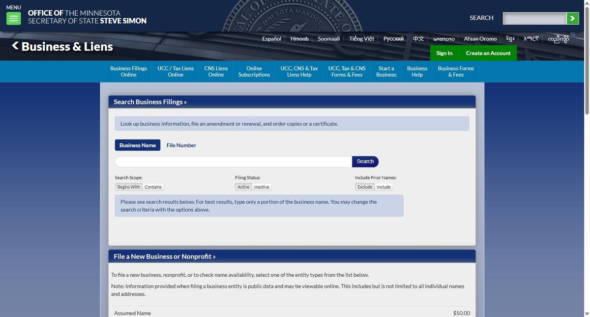 The Minnesota business entity search on mblsportal.sos.mn.gov, run by the Minnesota Secretary of State, offering business name and file number.