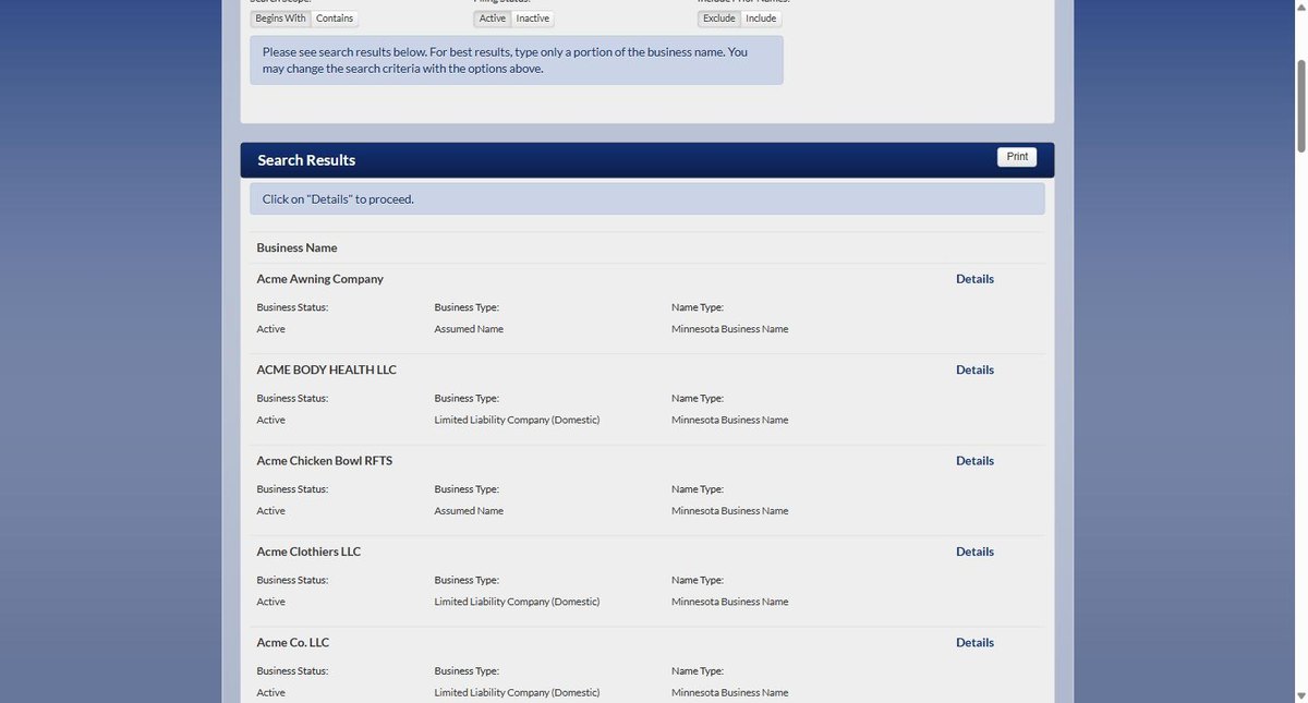 Minnesota business entity search results on mblsportal.sos.mn.gov, listing the business name, its status, the business type and the name type for each entity.