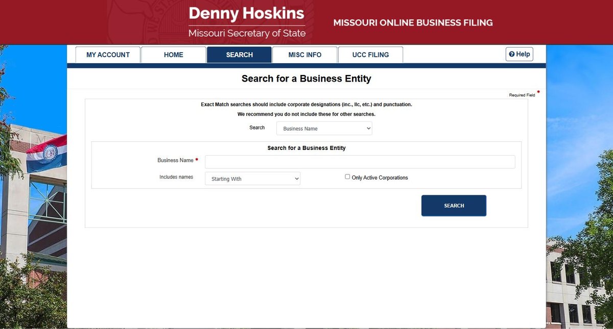 The Missouri business entity search on bsd.sos.mo.gov, run by the Missouri Secretary of State, offering business name, registered agent and officer.