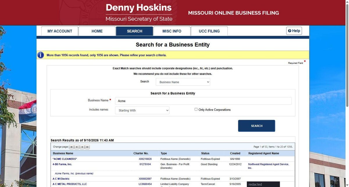 Missouri business entity search results on bsd.sos.mo.gov, listing the business name, the charter number, the type, its status, the date created and the registered agent for each entity. Personal names in this image are redacted.