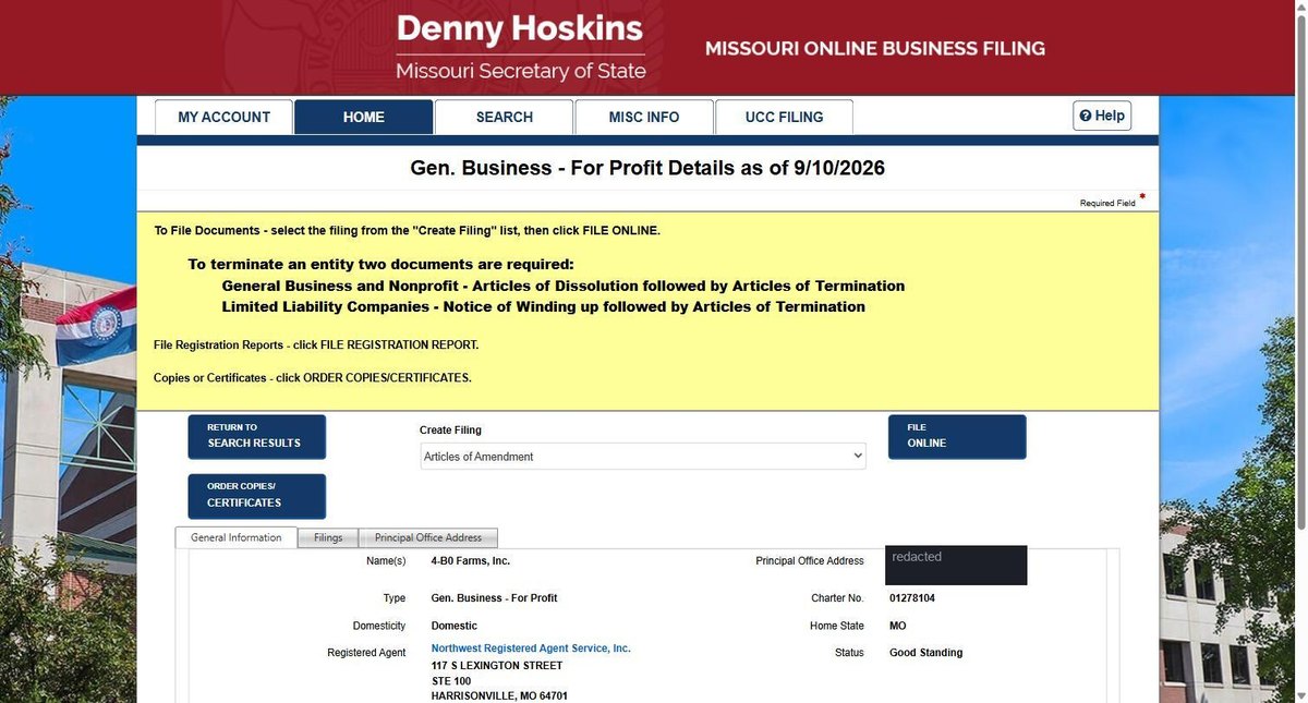 A single business entity record on the Missouri register at bsd.sos.mo.gov, showing names, type and domesticity, registered agent and address, principal office address, charter number, home state, status and tabs for filings and principal office address. Street addresses in this image are redacted.