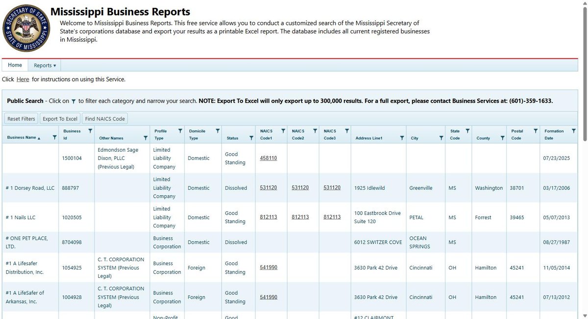 Advanced search options on the Mississippi business entity search, expanded. Every column filters. Profile type, domicile type, status, NAICS code, address, city, state, county, postal code and formation date.