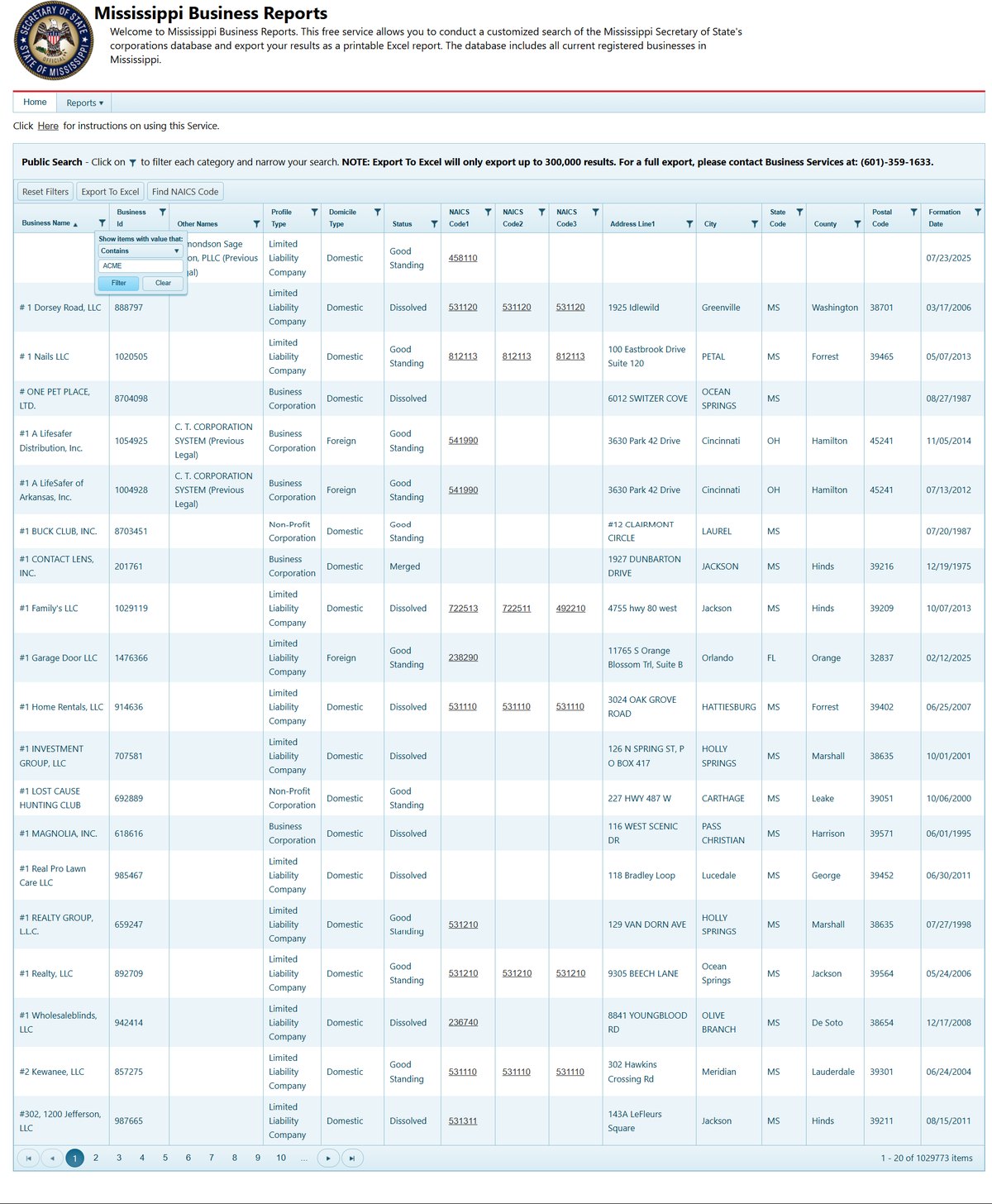 Advanced search options on the Mississippi business entity search, expanded. Every column filters. Profile type, domicile type, status, NAICS code, address, city, state, county, postal code and formation date.