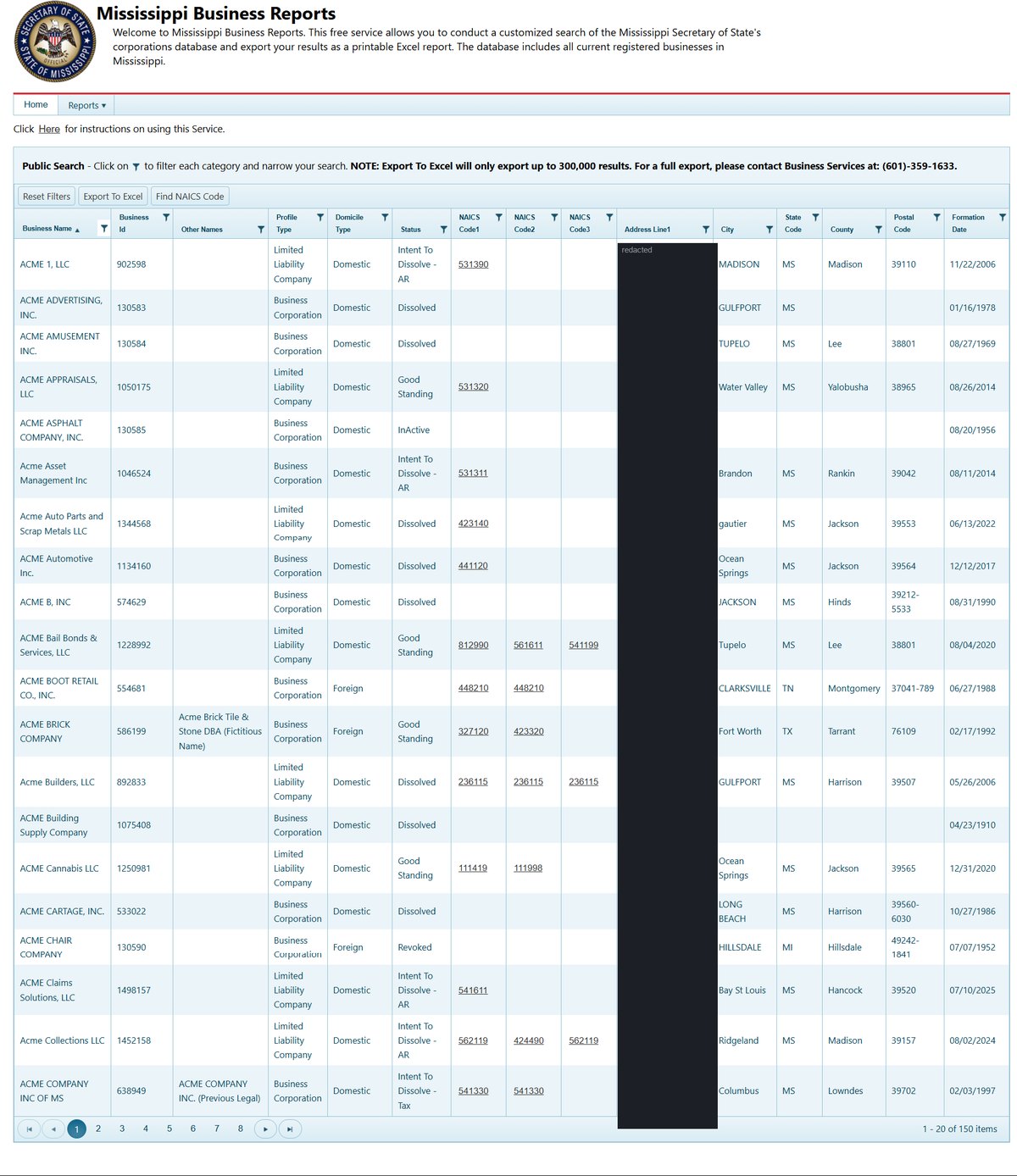 Mississippi business entity search results on corp.sos.ms.gov, listing business name, business id, other names, profile type, domicile type, status, NAICS code 1, NAICS code 2, NAICS code 3, address line 1, city, state code, county, postal code and formation date for each entity. Street addresses in this image are redacted.