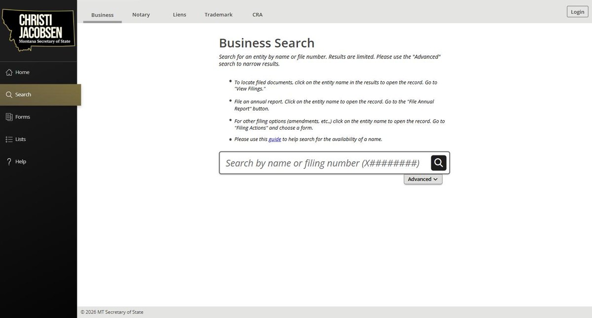 The Montana business search on biz.sosmt.gov, with the search box above guidance on filing documents and annual reports.