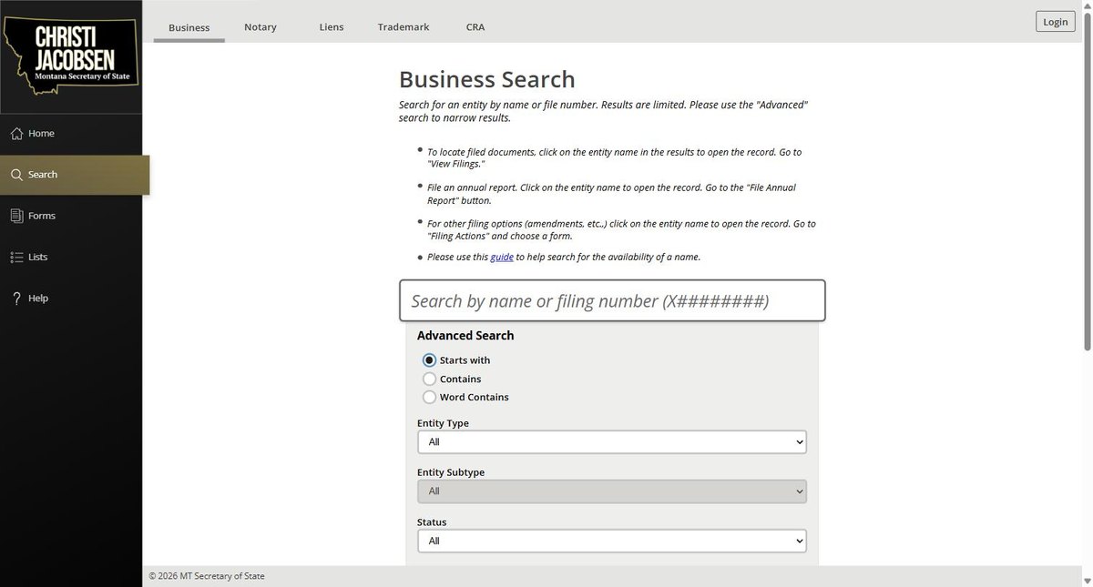 Montana's advanced search options expanded beneath the search box, adding filters for entity type and status.