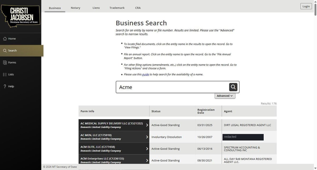 Montana business entity search results on biz.sosmt.gov, a grid of form info, status, registration date and registered agent. Personal names in this image are redacted; registered agent companies remain visible.