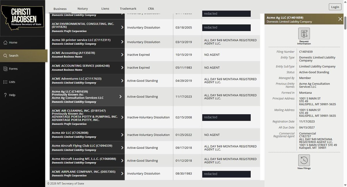 A Montana entity record open alongside the results grid, showing filing number, entity type and subtype, status, managed-by, previous entity names, principal and mailing address, registration date and commercial registered agent. Four agent cells naming individuals are redacted.
