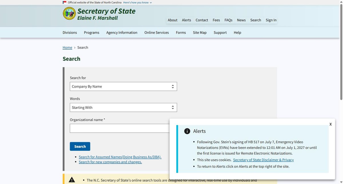 The North Carolina business entity search on sosnc.gov, run by the North Carolina Secretary of State, offering company name, SOSID number, company officials and registered agents.