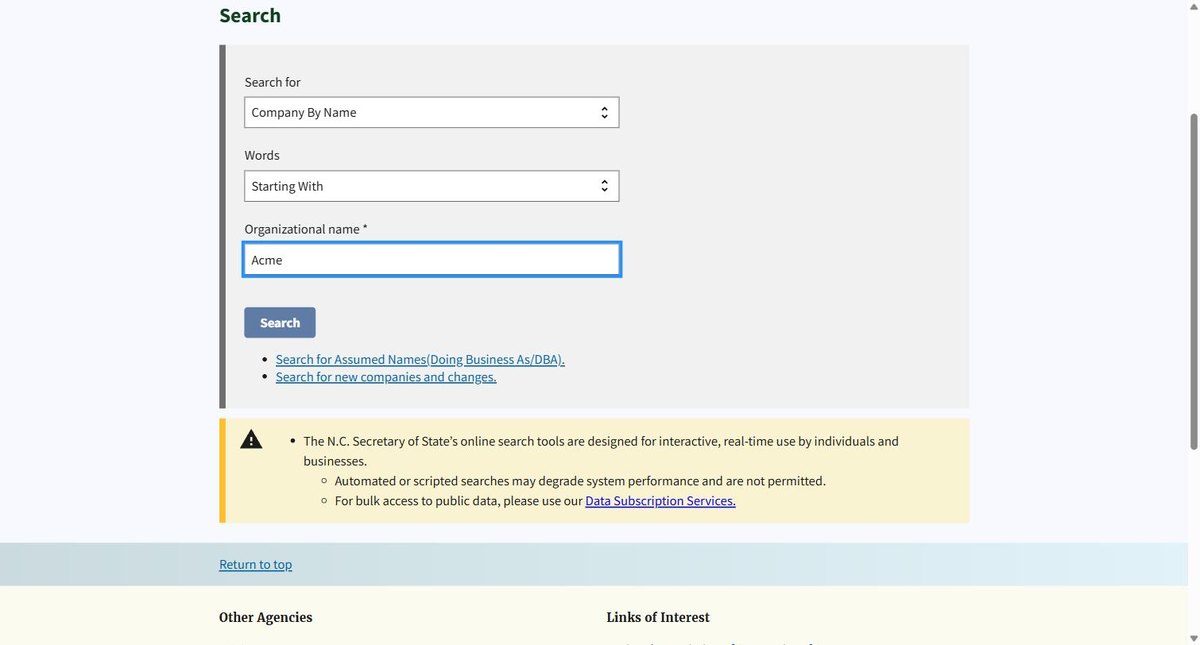 North Carolina's search form with its notice, showing the word matching set to Starting With and assumed names held as a separate search.