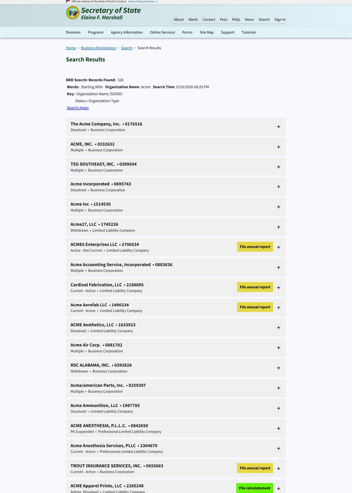 North Carolina business entity search results on sosnc.gov, listing the name with its SOSID number, the status and the entity type beneath it, an action button on rows that need one: File annual report in yellow for each entity.