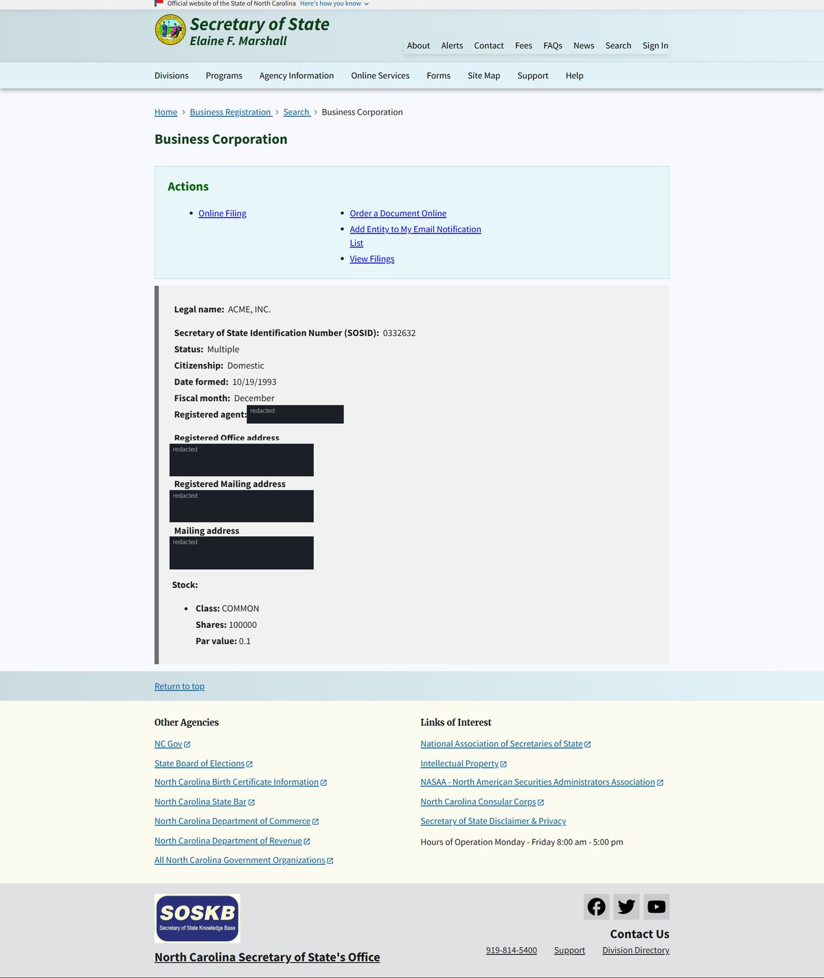 A single business entity record on the North Carolina register at sosnc.gov, showing legal name, the Secretary of State identification number, status and citizenship, domestic or foreign, date formed, fiscal month, the registered agent as a link to their own record. Personal names and addresses in this image are redacted.