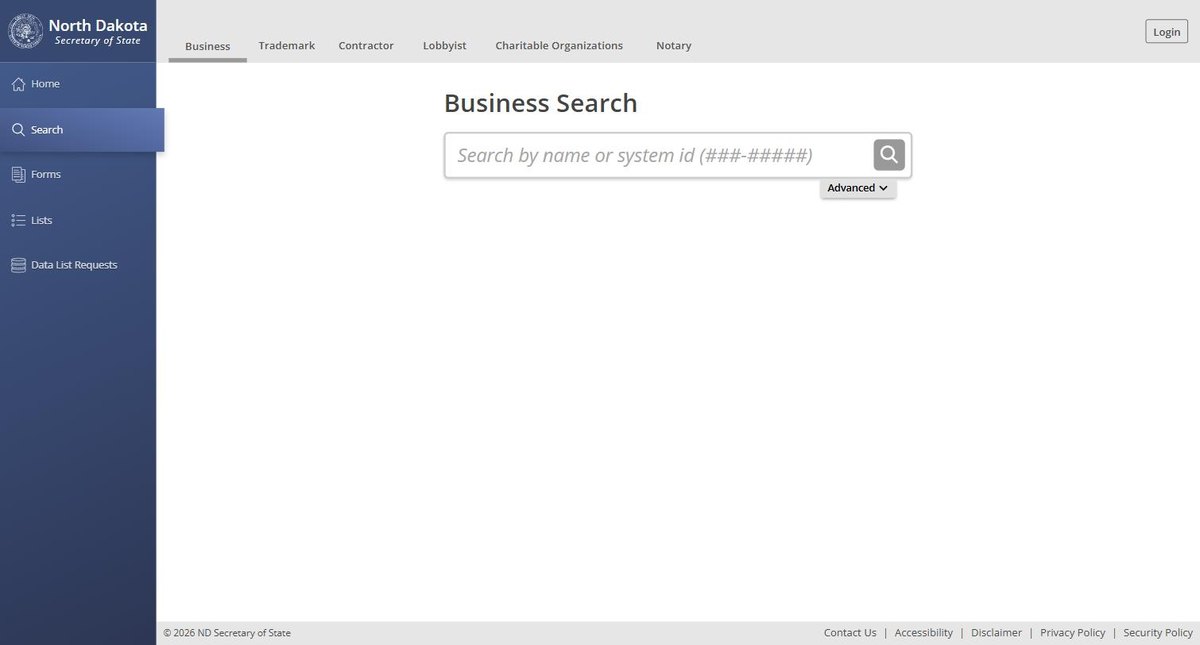 The North Dakota business entity search on firststop.sos.nd.gov, run by the North Dakota Secretary of State, offering business name and system ID.