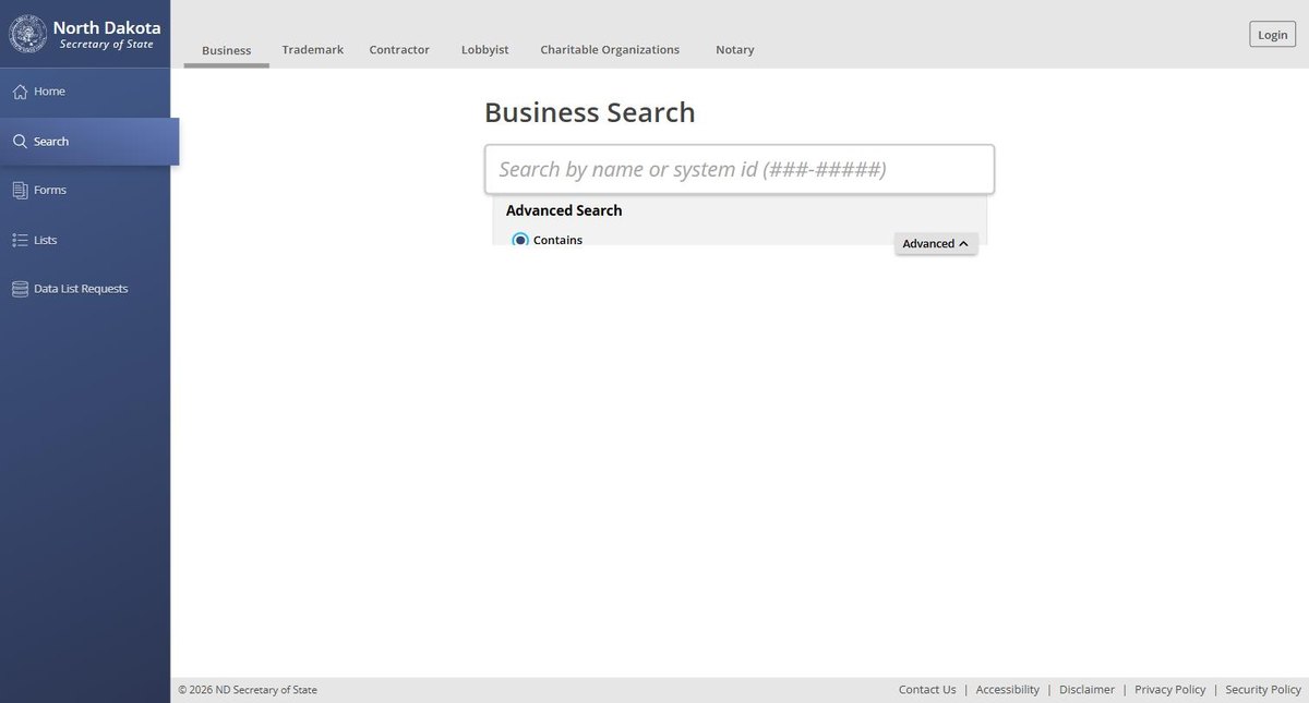 Advanced search options on the North Dakota business entity search, expanded. Match mode with Contains selected. Trademarks, contractors, lobbyists, charitable organisations and notaries each have their own tab, and there is a data list request tool for bulk extracts.