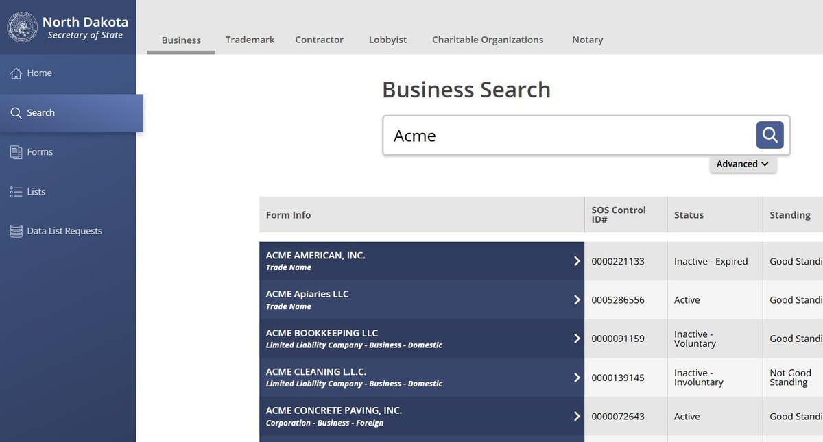 North Dakota business entity search results on firststop.sos.nd.gov, listing the name with its entity type, the SOS control ID, its status and its standing for each entity.