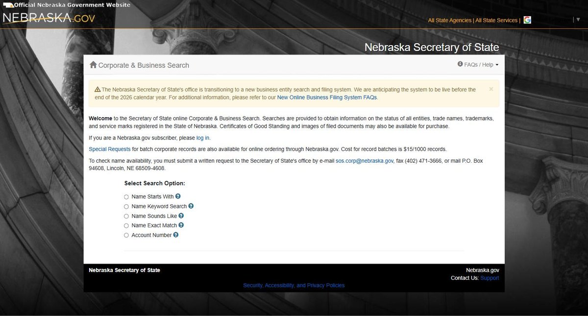 The Nebraska business entity search on nebraska.gov, run by the Nebraska Secretary of State, offering name and account number.