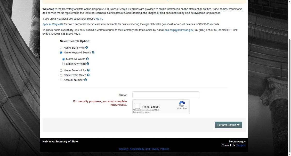 A reCAPTCHA blocking Nebraska's search, which has to be cleared before any result is returned.